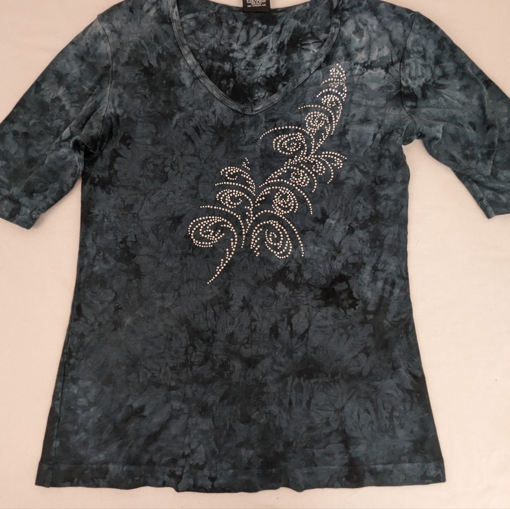 Sledge Subtle Blue Grey Acid Wash Bling Sweater Blouse 3/4 Sleeve Large